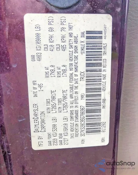 2005 Dodge Ram 2500 St from USA, damaged, VIN 3D7KS28C95G786967